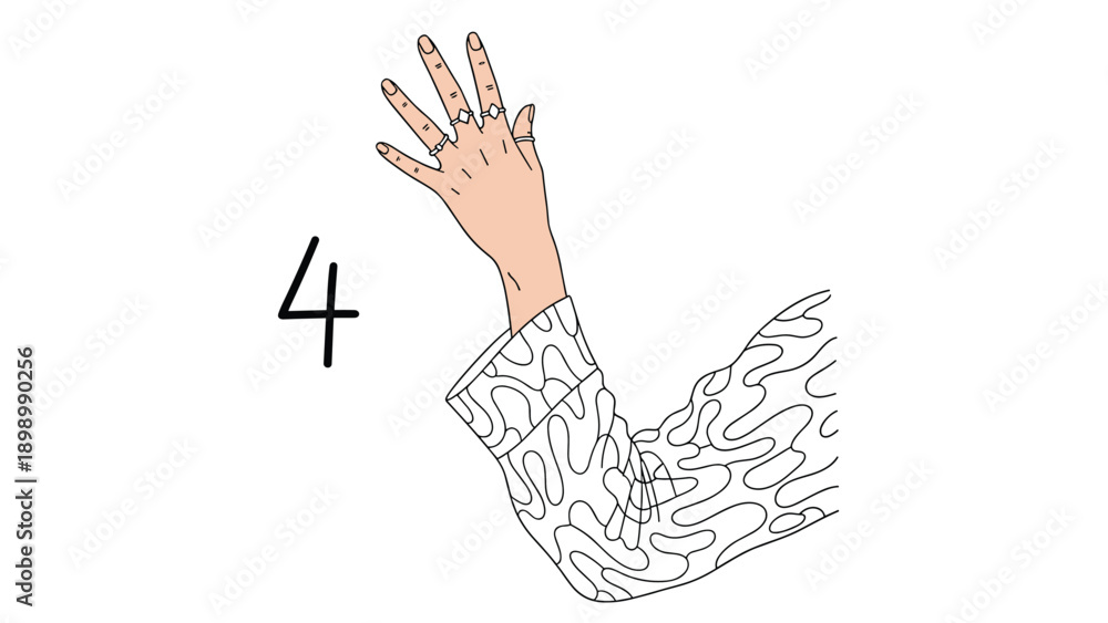Fototapeta premium Female hand wearing multiple stylish silver rings reaching upwards with patterned sleeve isolated on white background.
