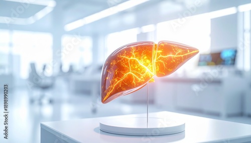 Detailed anatomical liver model glowing red representing inflammation, fatty liver disease and alcohol damage