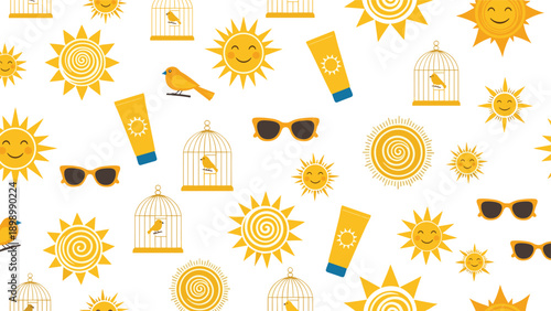 Cheerful summer pattern with smiling suns birds sunglasses sunscreen and birdcages in a bright yellow color scheme.