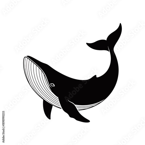 A stylized black silhouette of a humpback whale with its tail fluke raised high in the air, depicted against a white background.