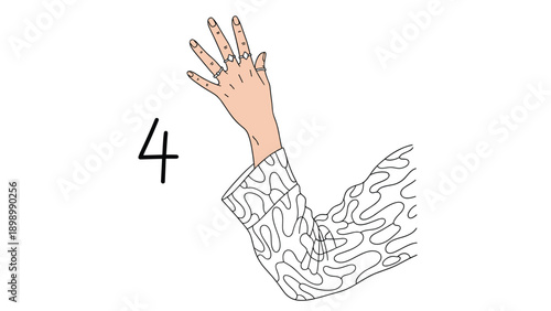 Female hand wearing multiple stylish silver rings reaching upwards with patterned sleeve isolated on white background.