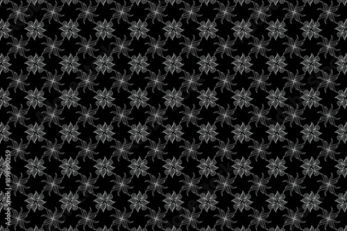 Natural themed seamless background pattern with full black color white line design of cananga odorata flower, suitable for fabric pattern, background, wallpaper,