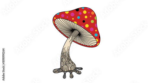 Vibrant red mushroom cap decorated with multicolored polka dots and intricate patterns on stem isolated on white.