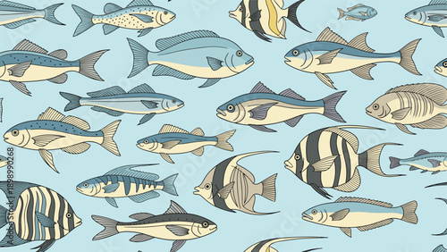 Seamless pattern featuring diverse species of colorful sea fish swimming together on light blue background for ocean theme.