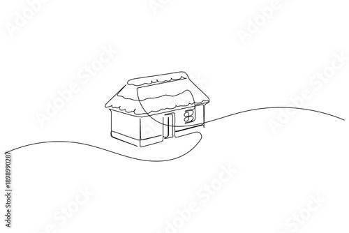 Home continuous one line drawing minimalist outline illustration of a traditional thatched house.