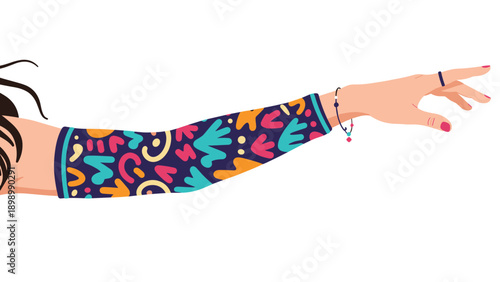 Female arm with colorful abstract pattern sleeve reaching towards right side isolated on white background with rings.