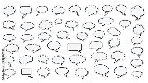 Large collection of diverse speech bubble shapes with soft shadows arranged in grid on white background for UI design.