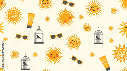 Whimsical summer pattern featuring smiling suns stylish sunglasses birdcages and sunscreen tubes on cream.