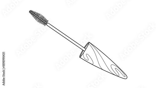 Detailed line drawing of a mascara wand brush with a sleek tapered handle isolated on a plain white background for beauty design.
