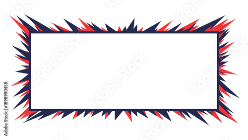 Geometric spiky border design with sharp triangular edges in red and navy blue around a horizontal white rectangular space.