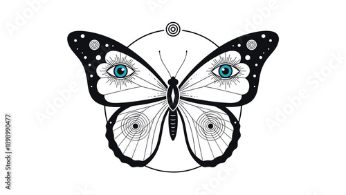 Symbolic illustration of a butterfly featuring eyes on its wings and mystical geometric circles and dots in a tattoo style.