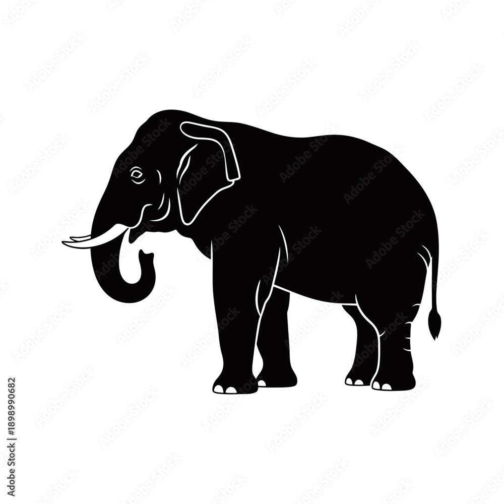 Fototapeta premium A black silhouette of an elephant with white tusks standing sideways on a white background, depicting a majestic wild animal.