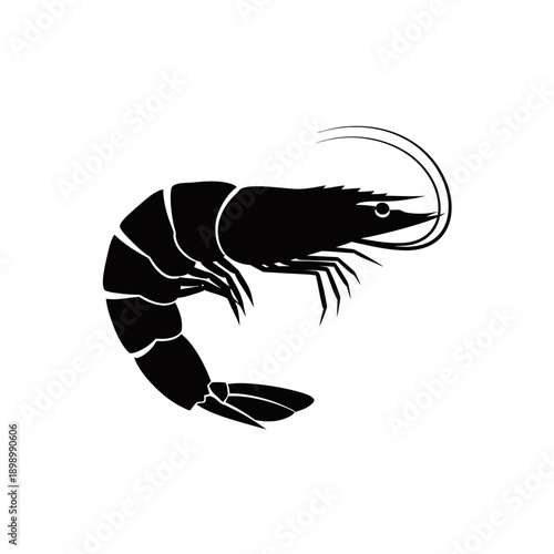Black silhouette of a shrimp with antennae and segmented body, isolated on a white background, depicting a common seafood item.