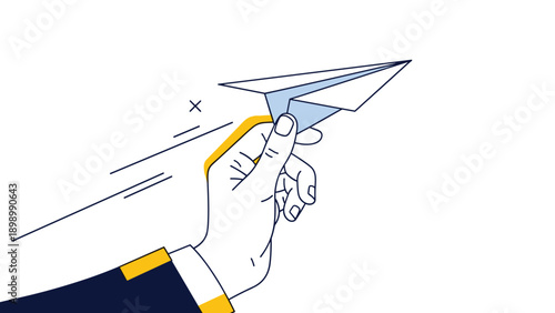 Illustration of a hand in a dark blue suit sleeve launching a paper airplane, representing ideas, innovation, and ambition.