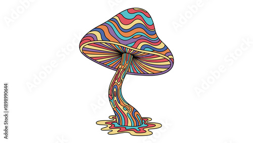 Vibrant psychedelic mushroom illustration featuring colorful wavy patterns in orange, teal, purple, and yellow on its cap and stem.