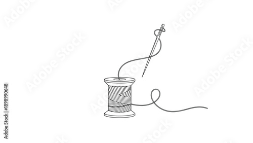 Simple line drawing of a wooden spool of thread with a sewing needle and a long loose end of thread on a white background.