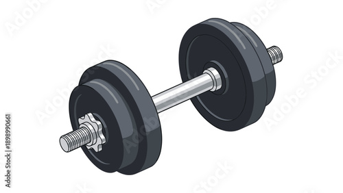 Perspective view of a grey and black metal dumbbell for strength training and fitness isolated on a plain white background.