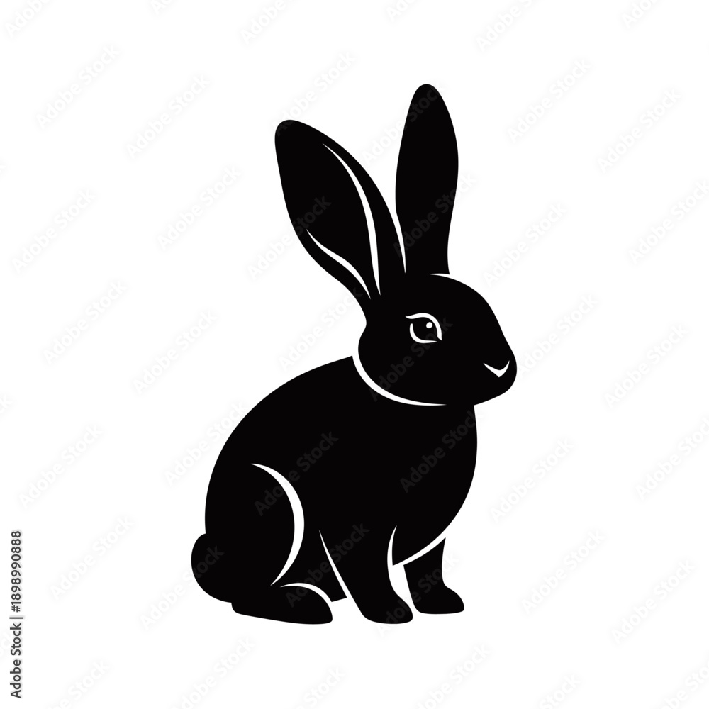 Fototapeta premium Black silhouette of a rabbit sitting with long ears, isolated on a white background, in a simple graphic style.