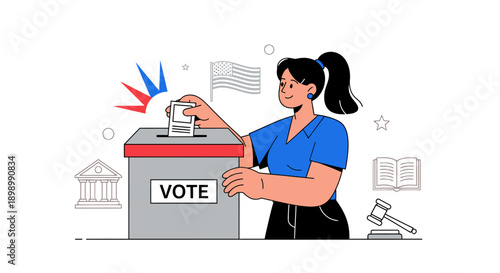 Flat vector illustration of a woman putting a ballot into a voting box. Concept of democracy, election day, political participation, and civic duty in the United States.