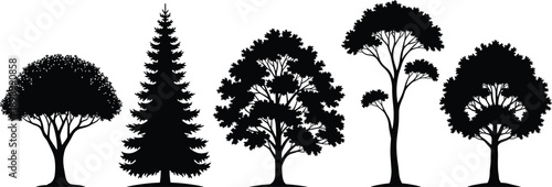 Set of black tree silhouettes featuring pine and deciduous trees with detailed canopies isolated on white background for landscape design, vector illustration, logos, branding,