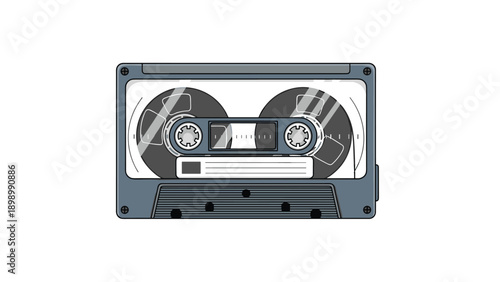 Vintage gray audio cassette tape illustration with detailed reels and labels for music and retro technology nostalgic designs.