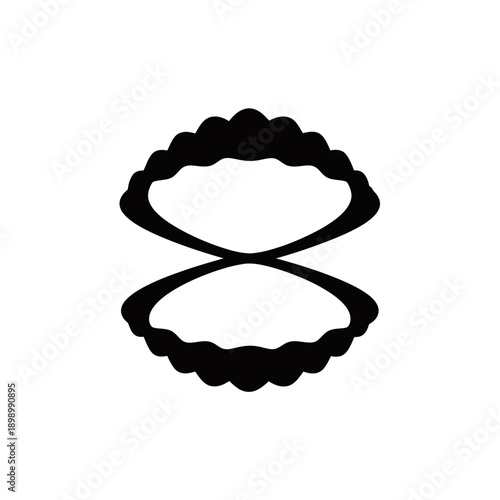 A black and white graphic illustration of an open clam shell with scalloped edges, presented as a simple silhouette.