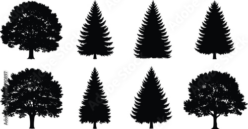 Set of black tree silhouettes featuring deciduous and pine evergreen trees isolated on white background for landscape design, vector illustration, logos, branding, and creative nature projects