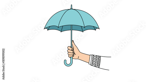 Human hand holding a blue umbrella with an patterned sleeve representing rain protection and autumn or spring weather.