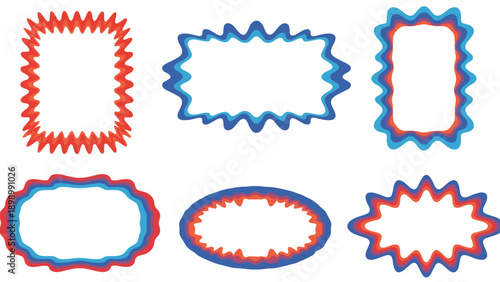 Collection of colorful decorative frames with wavy edges in various geometric shapes like rectangles, stars, and ovals for design projects.