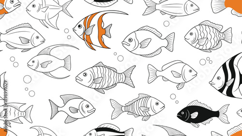 Seamless pattern design showcasing a variety of fish species in detailed line art with occasional vibrant orange highlights for textures.