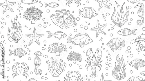 Intricate underwater sea life pattern featuring detailed fish, coral, lobsters, seahorses, and starfish in classic black and white style.