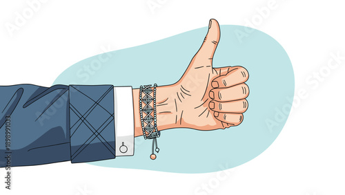 Person wearing a formal blue suit and a decorative bracelet giving a thumbs up gesture against a soft blue background for business use.