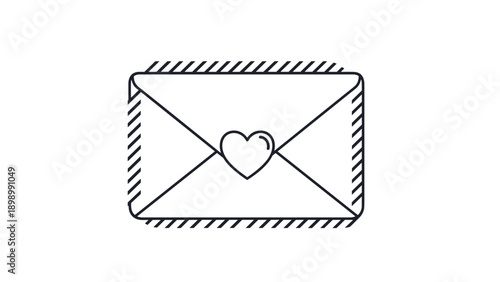 Simple line art drawing of a classic envelope sealed with a heart and decorated with a striped edge pattern for letters and messages.