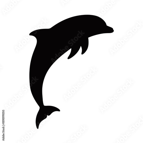 A black silhouette of a dolphin leaping out of the water.