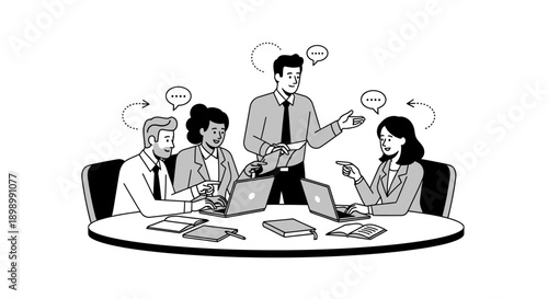 Illustration of a business team meeting collaborating at a work desk.