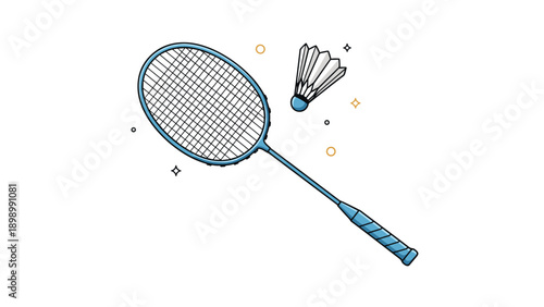 Detailed illustration of a blue badminton racket and a shuttlecock surrounded by small decorative sparkles and circles for sports themes.