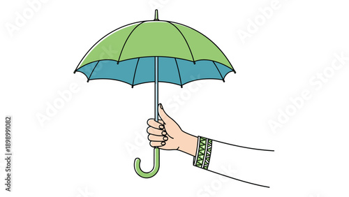Person holding a green and blue umbrella by its handle with a decorative bracelet on their sleeve isolated on a clean white background.