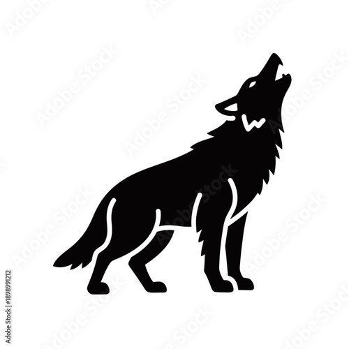 A black silhouette of a wolf howling with its head tilted upwards against a white background.