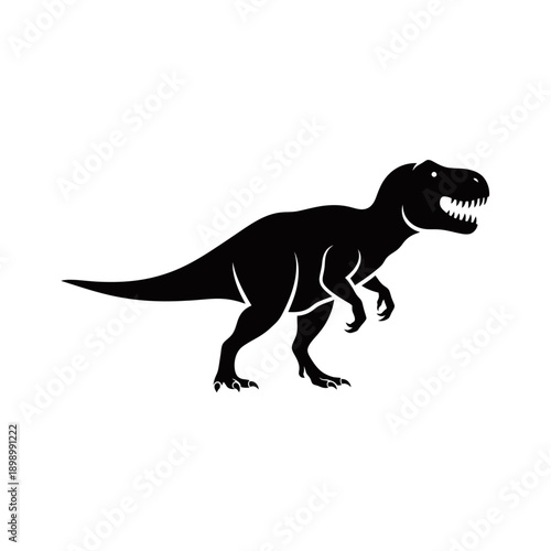 A black silhouette of a Tyrannosaurus Rex dinosaur standing on a white background.