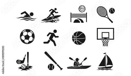 Set of black and white sports activities and sports equipment vector icons.