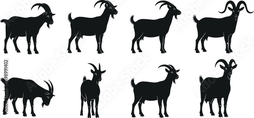Set of goat and ram silhouettes in different standing and grazing poses, black farm livestock animal icons isolated on white background,