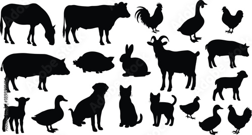 Set of farm and domestic animal silhouettes including cow, horse, pig, goat, dog, cat, chicken, duck, rabbit, and sheep, black icons isolated on white background, 