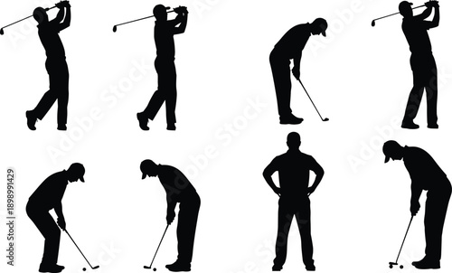 Set of golfer silhouettes showing swing and putting poses, minimalist black vector collection for sports design, golf training materials, branding, posters, logos, and athletic graphic projects