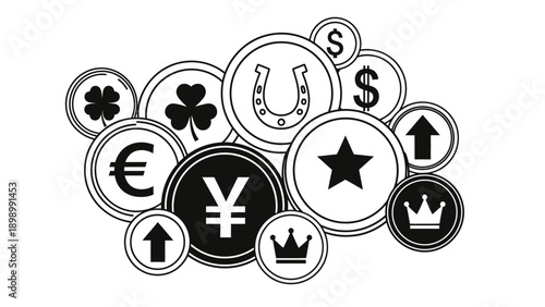 Collection of vector icons of symbols of luck, prosperity and world currencies.