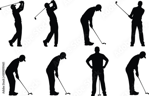 Set of golfer silhouettes in different swinging, putting, and standing poses, black sports player icons isolated on white background, minimalist vector illustration for golf, fitness, and stock use