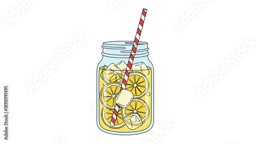 Illustration of fresh lemonade drink in a mason jar with ice cubes and a red and white striped straw.