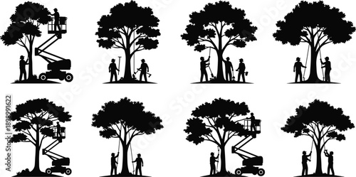 Set of professional tree trimming and pruning silhouettes with workers using lift platforms and tools isolated on white background for landscaping, arborist services, and gardening design projects