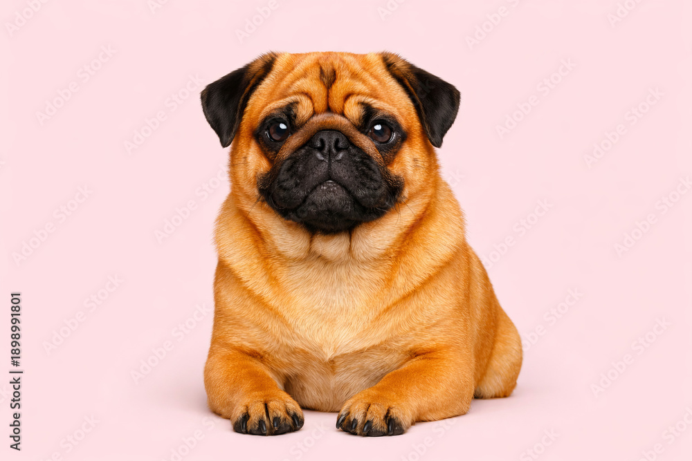Obraz premium Ultra Realistic Studio Photo of a Pug Dog on Pastel Pink Background