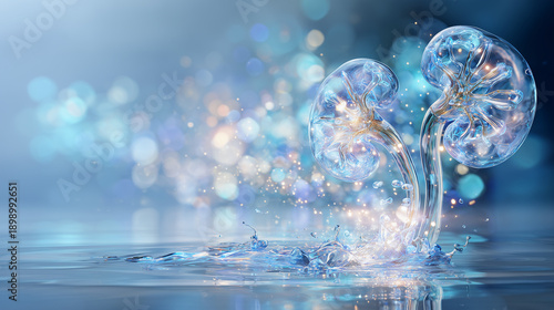 Futuristic glass kidney models with blue water effects and glowing fiber optic connections symbolizing renal health
