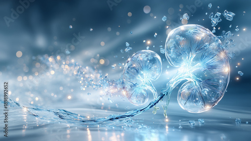Crystalline glass kidney model with floating ice particles symbolizing kidney stones and mineral filtration